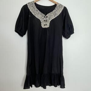 Black Lace Collar Ruffle Hem‎ Puff Sleeve Dress Womens Medium Romantic Edwardian